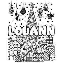 Coloriage pr&eacute;nom LOUANN - d&eacute;cor Sapin et Cadeaux