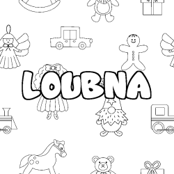Coloriage prénom LOUBNA - décor Jouets