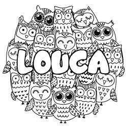 Coloriage prénom LOUCA - décor Chouettes