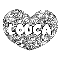 Coloriage pr&eacute;nom LOUCA - d&eacute;cor Mandala coeur