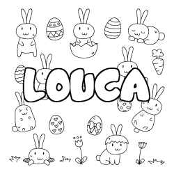Coloriage pr&eacute;nom LOUCA - d&eacute;cor Paques