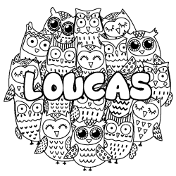 Coloriage pr&eacute;nom LOUCAS - d&eacute;cor Chouettes