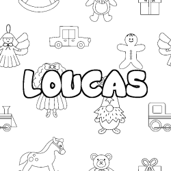 Coloriage pr&eacute;nom LOUCAS - d&eacute;cor Jouets