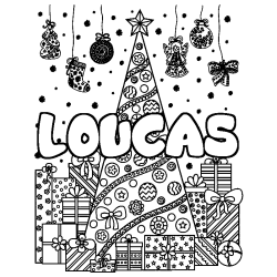 Coloriage prénom LOUCAS - décor Sapin et Cadeaux