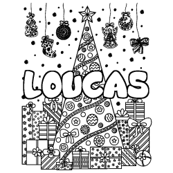 Coloriage pr&eacute;nom LOUCAS - d&eacute;cor Sapin et Cadeaux