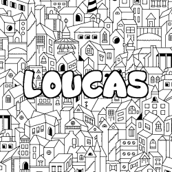 Coloriage prénom LOUCAS - décor Ville