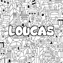Coloriage pr&eacute;nom LOUCAS - d&eacute;cor Ville