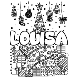 Coloriage prénom LOUISA - décor Sapin et Cadeaux