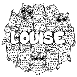 Coloriage prénom LOUISE - décor Chouettes