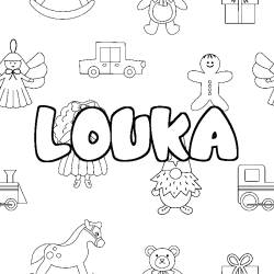 Coloriage pr&eacute;nom LOUKA - d&eacute;cor Jouets
