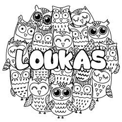 Coloriage prénom LOUKAS - décor Chouettes