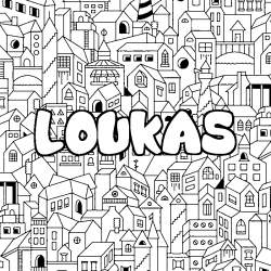 Coloriage prénom LOUKAS - décor Ville
