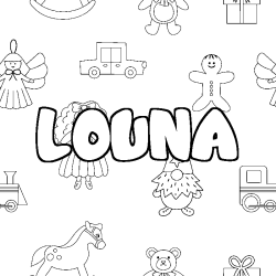 Coloriage prénom LOUNA - décor Jouets