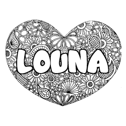 Coloriage prénom LOUNA - décor Mandala coeur
