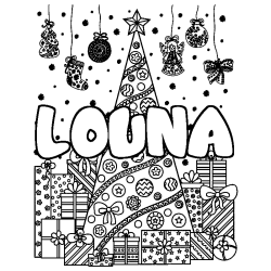 Coloriage prénom LOUNA - décor Sapin et Cadeaux