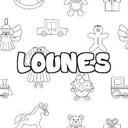 Coloriage pr&eacute;nom LOUNES - d&eacute;cor Jouets