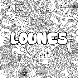 Coloriage prénom LOUNES - décor Mandala fruits