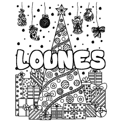 Coloriage prénom LOUNES - décor Sapin et Cadeaux