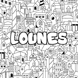 Coloriage prénom LOUNES - décor Ville