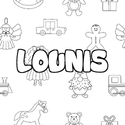 Coloriage prénom LOUNIS - décor Jouets