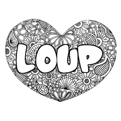 Coloriage pr&eacute;nom LOUP - d&eacute;cor Mandala coeur