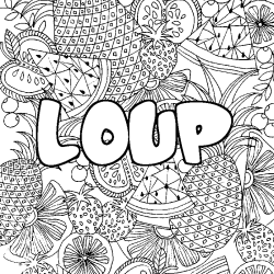 Coloriage pr&eacute;nom LOUP - d&eacute;cor Mandala fruits