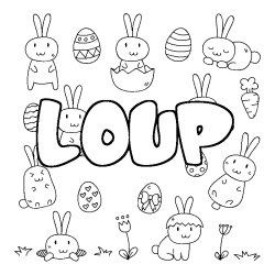 Coloriage pr&eacute;nom LOUP - d&eacute;cor Paques