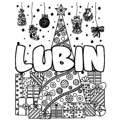 Coloriage prénom LUBIN - décor Sapin et Cadeaux