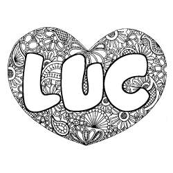 Coloriage pr&eacute;nom LUC - d&eacute;cor Mandala coeur