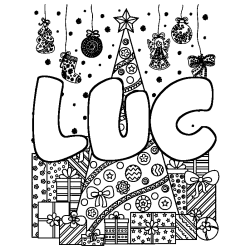 Coloriage pr&eacute;nom LUC - d&eacute;cor Sapin et Cadeaux
