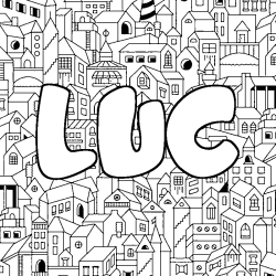 Coloriage pr&eacute;nom LUC - d&eacute;cor Ville
