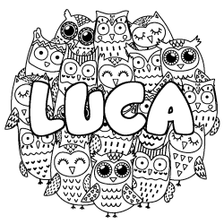 Coloriage prénom LUCA - décor Chouettes