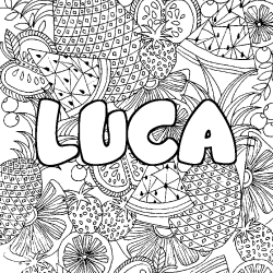 Coloriage pr&eacute;nom LUCA - d&eacute;cor Mandala fruits
