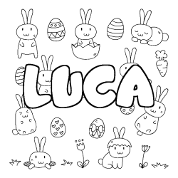 Coloriage prénom LUCA - décor Paques