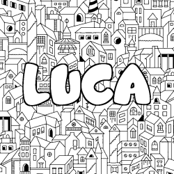 Coloriage pr&eacute;nom LUCA - d&eacute;cor Ville