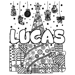 Coloriage prénom LUCAS - décor Sapin et Cadeaux