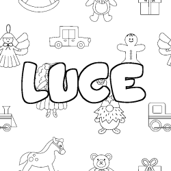 Coloriage pr&eacute;nom LUCE - d&eacute;cor Jouets