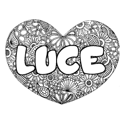 Coloriage prénom LUCE - décor Mandala coeur