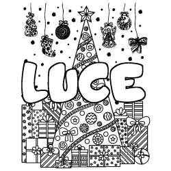Coloriage pr&eacute;nom LUCE - d&eacute;cor Sapin et Cadeaux