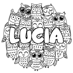 Coloriage prénom LUCIA - décor Chouettes