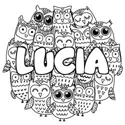 Coloriage pr&eacute;nom LUCIA - d&eacute;cor Chouettes