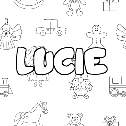 Coloriage pr&eacute;nom LUCIE - d&eacute;cor Jouets
