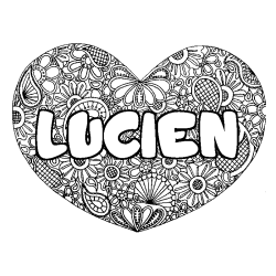 Coloriage pr&eacute;nom LUCIEN - d&eacute;cor Mandala coeur