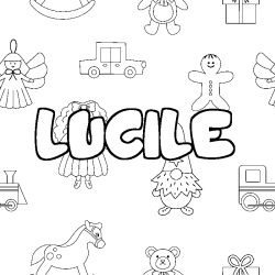 Coloriage prénom LUCILE - décor Jouets
