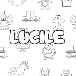 Coloriage pr&eacute;nom LUCILE - d&eacute;cor Jouets