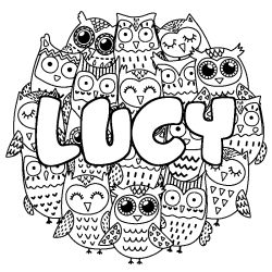 Coloriage prénom LUCY - décor Chouettes