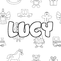 Coloriage prénom LUCY - décor Jouets