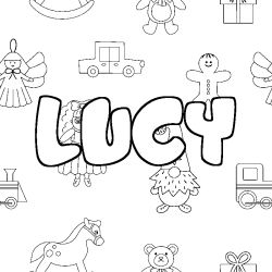 Coloriage pr&eacute;nom LUCY - d&eacute;cor Jouets