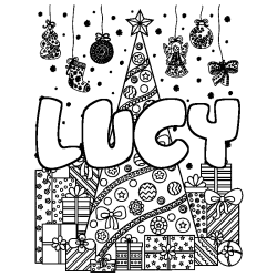 Coloriage prénom LUCY - décor Sapin et Cadeaux