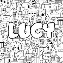Coloriage pr&eacute;nom LUCY - d&eacute;cor Ville